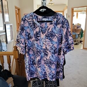 Shirt, Blue and Pink Relaxed Blouse with Short Sleeves, Tropical Print